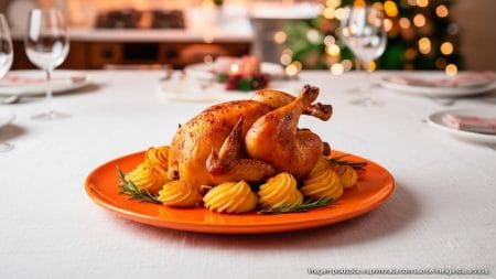 Ave Fiesta com batatas duchesse e molho de alho poró