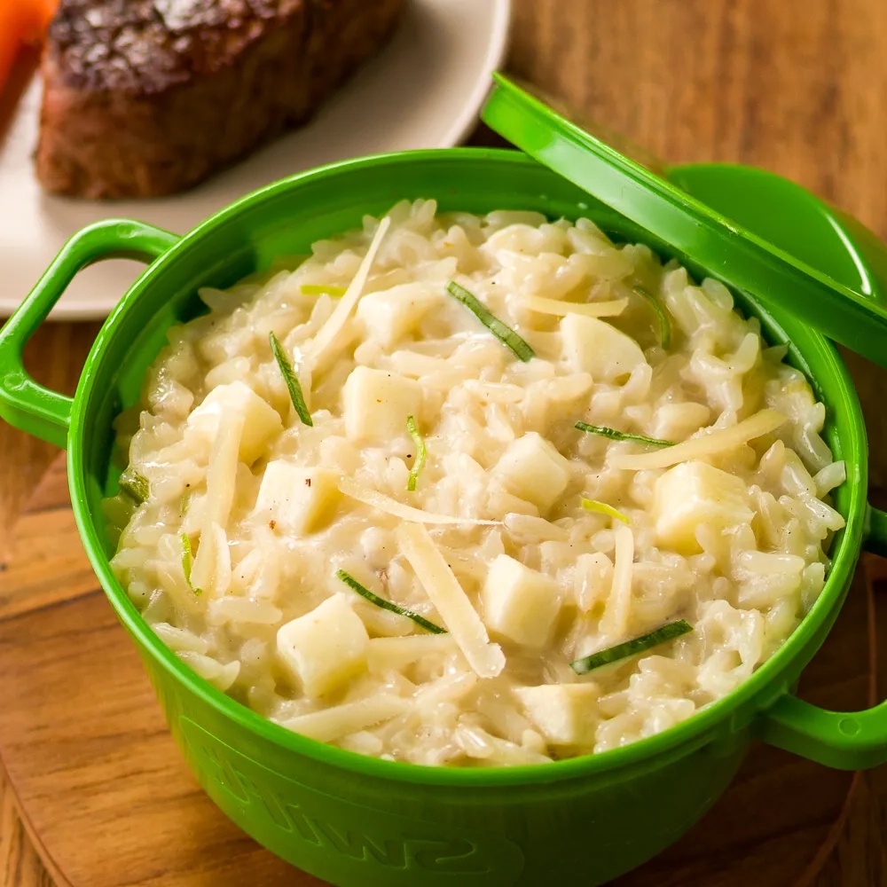 Receita de Arroz cremoso de palmito com filé mignon na brasa