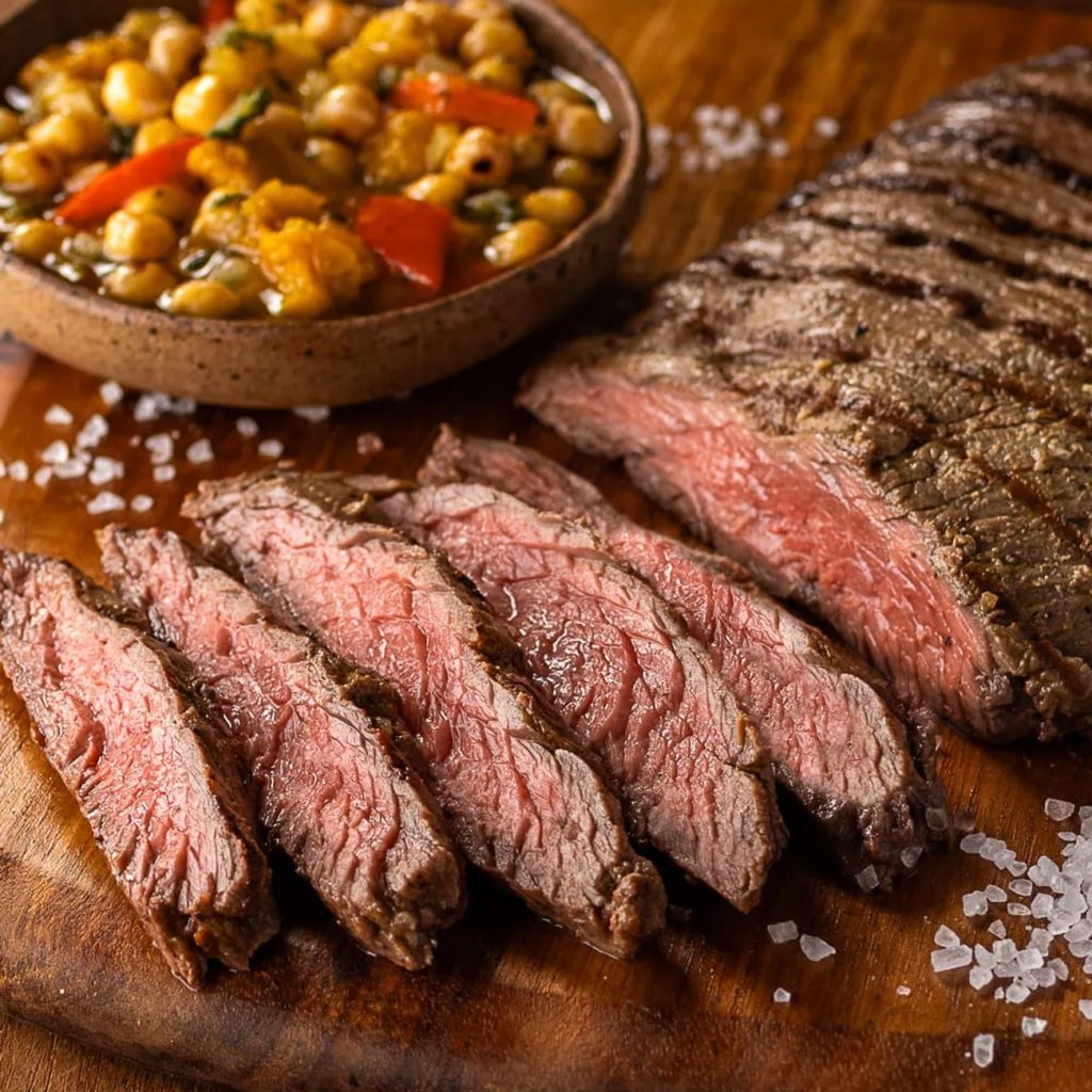 Receita de Fraldinha na brasa com vinagrete de grão de bico tostado