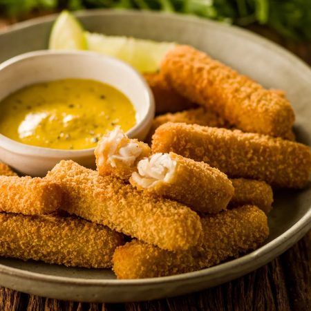 Receita de Tiras de filé de peixe empanado com molho de mostarda e mel