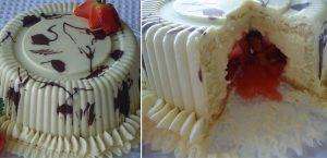 Bolo BomBom Recheado com Morango e Chocolate Branco (Bolo Love)