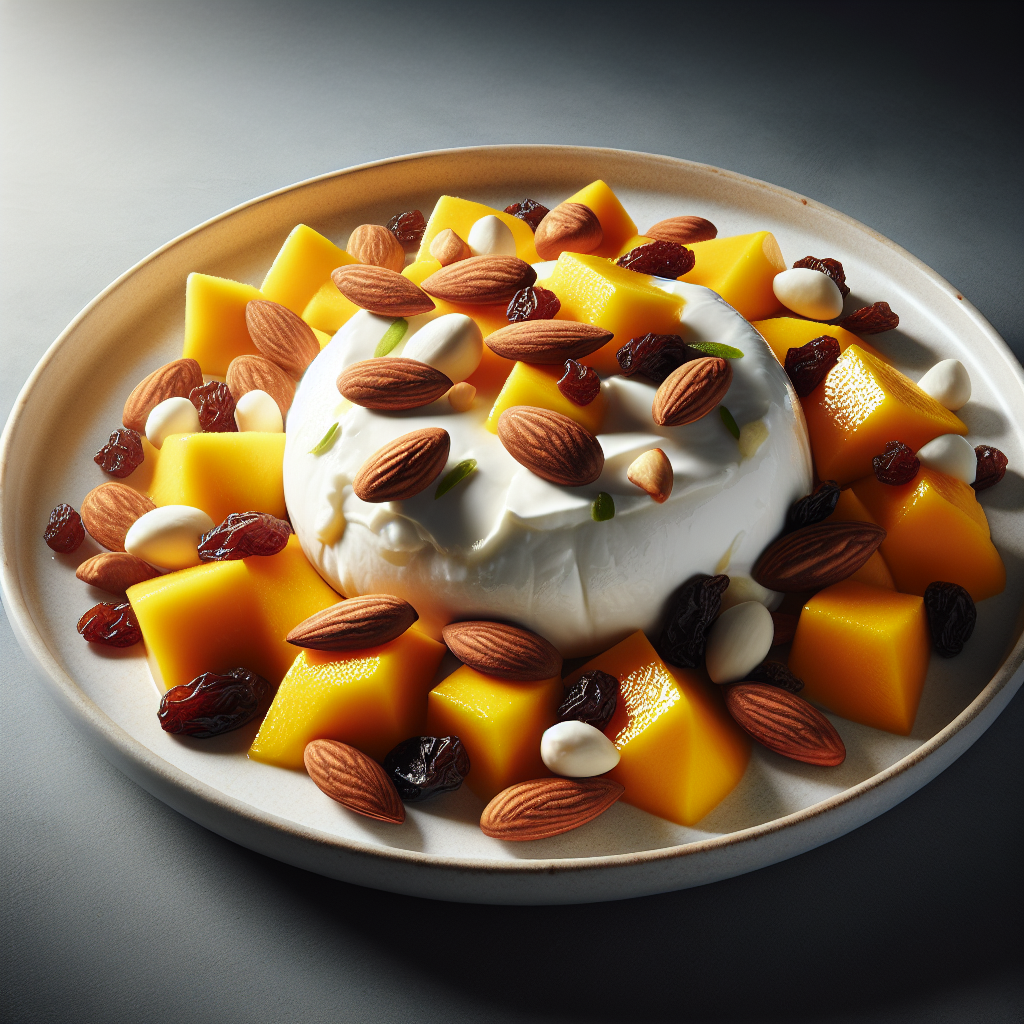 “Reveillon Luxuoso: Salada de Burrata com Manga, Amêndoas Tostadas e Uvas Passas”